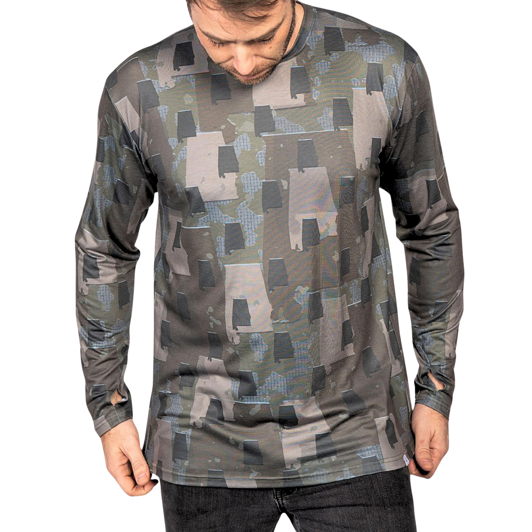 Alabama State Camo long sleeve shirt featuring a unique camo pattern made for Alabama, designed for hunters and outdoor enthusiasts