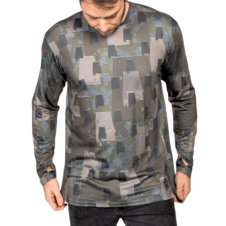 Alabama State Camo long sleeve shirt featuring a unique camo pattern made for Alabama, designed for hunters and outdoor enthusiasts