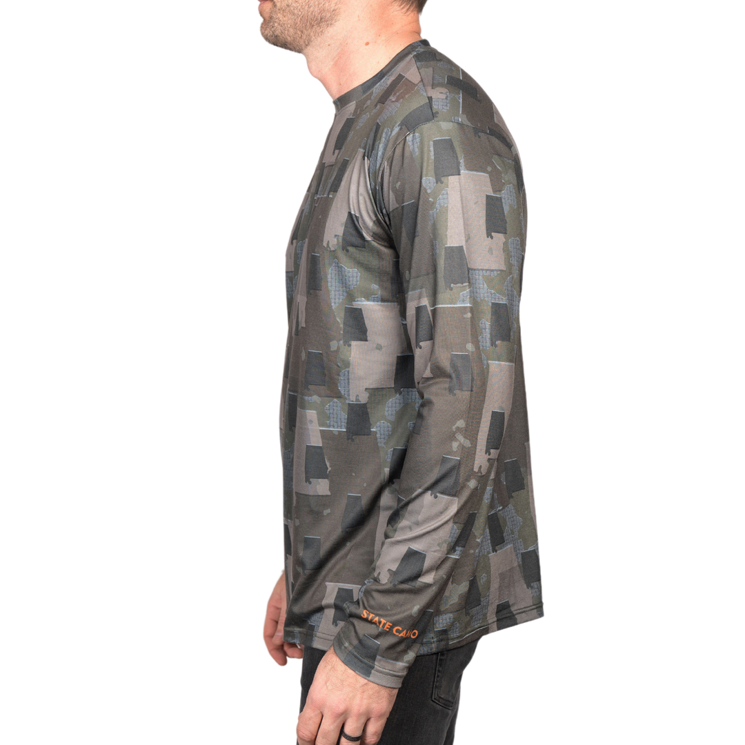 Alabama State Camo long sleeve shirt featuring a unique camo pattern made for Alabama, designed for hunters and outdoor enthusiasts