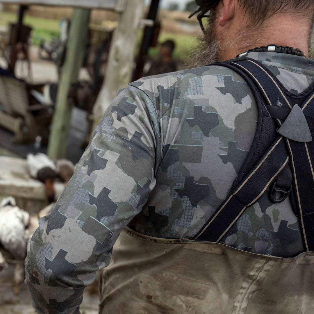 Texas State Camo long sleeve shirt featuring a unique camo pattern made for Texas,  designed for hunters and outdoor enthusiasts