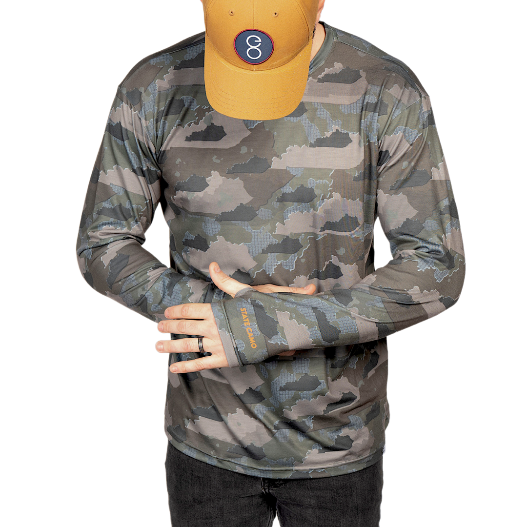 Kentucky State Camo long sleeve shirt featuring a unique camo pattern made for Kentucky, designed for hunters and outdoor enthusiasts