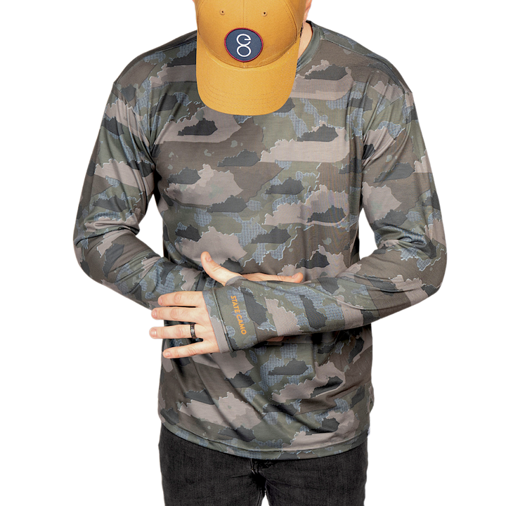 Kentucky State Camo long sleeve shirt featuring a unique camo pattern made for Kentucky, designed for hunters and outdoor enthusiasts