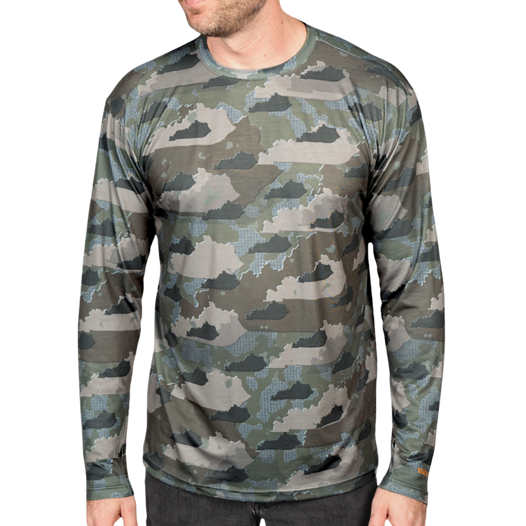 Kentucky State Camo long sleeve shirt featuring a unique camo pattern made for Kentucky, designed for hunters and outdoor enthusiasts