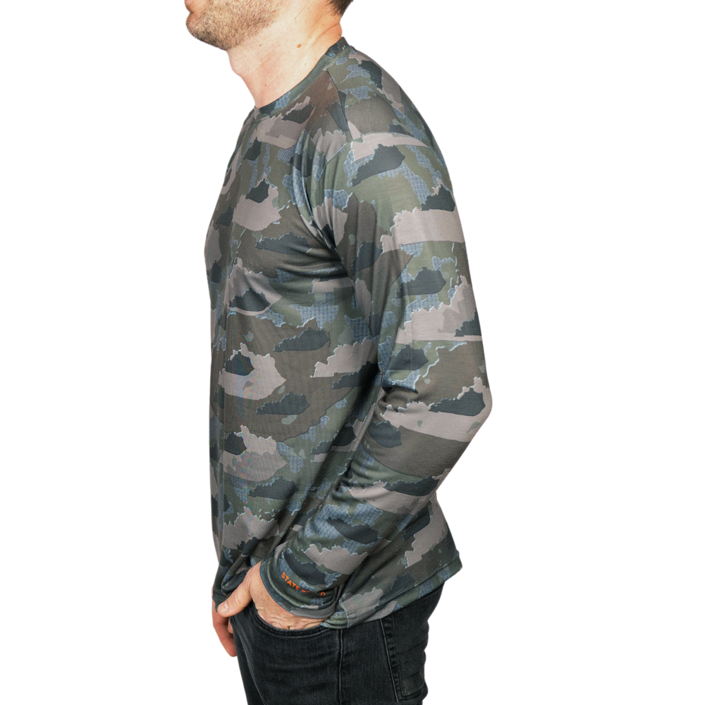 Kentucky State Camo long sleeve shirt featuring a unique camo pattern made for Kentucky, designed for hunters and outdoor enthusiasts