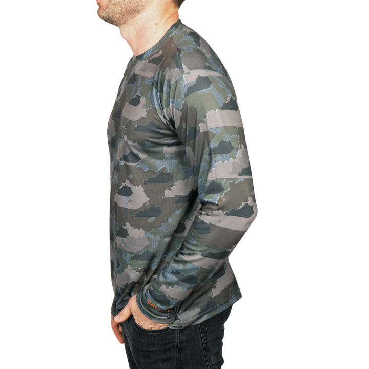 Kentucky State Camo long sleeve shirt featuring a unique camo pattern made for Kentucky, designed for hunters and outdoor enthusiasts