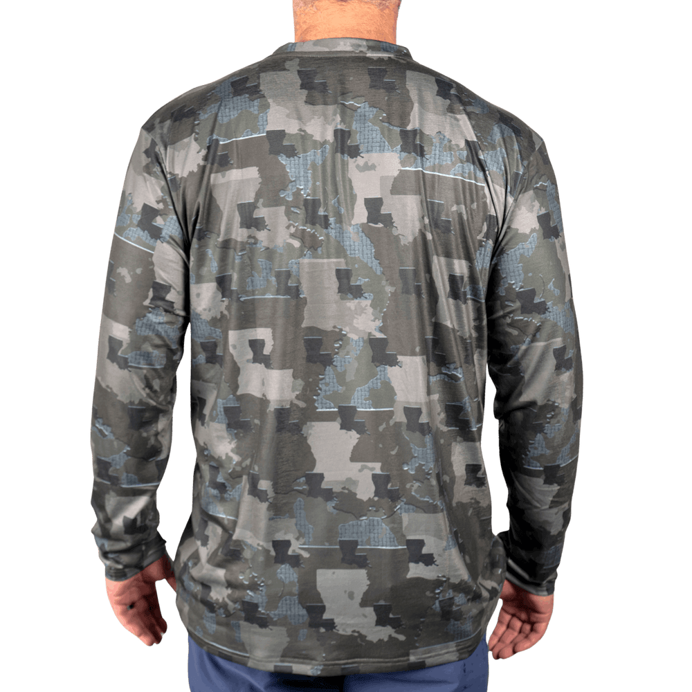 Louisiana State Camo long sleeve shirt featuring a unique camo pattern made for Louisiana, designed for hunters and outdoor enthusiasts