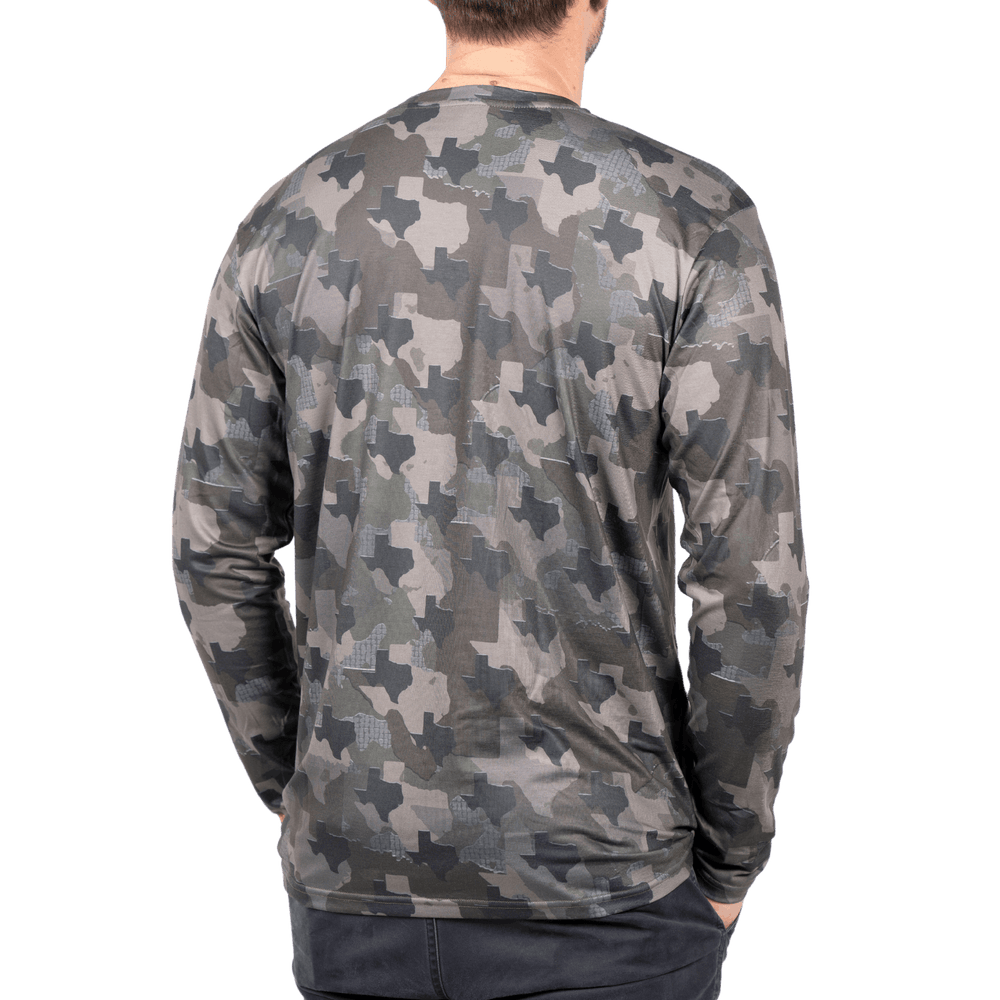 Texas State Camo long sleeve shirt featuring a unique camo pattern made for Texas,  designed for hunters and outdoor enthusiasts