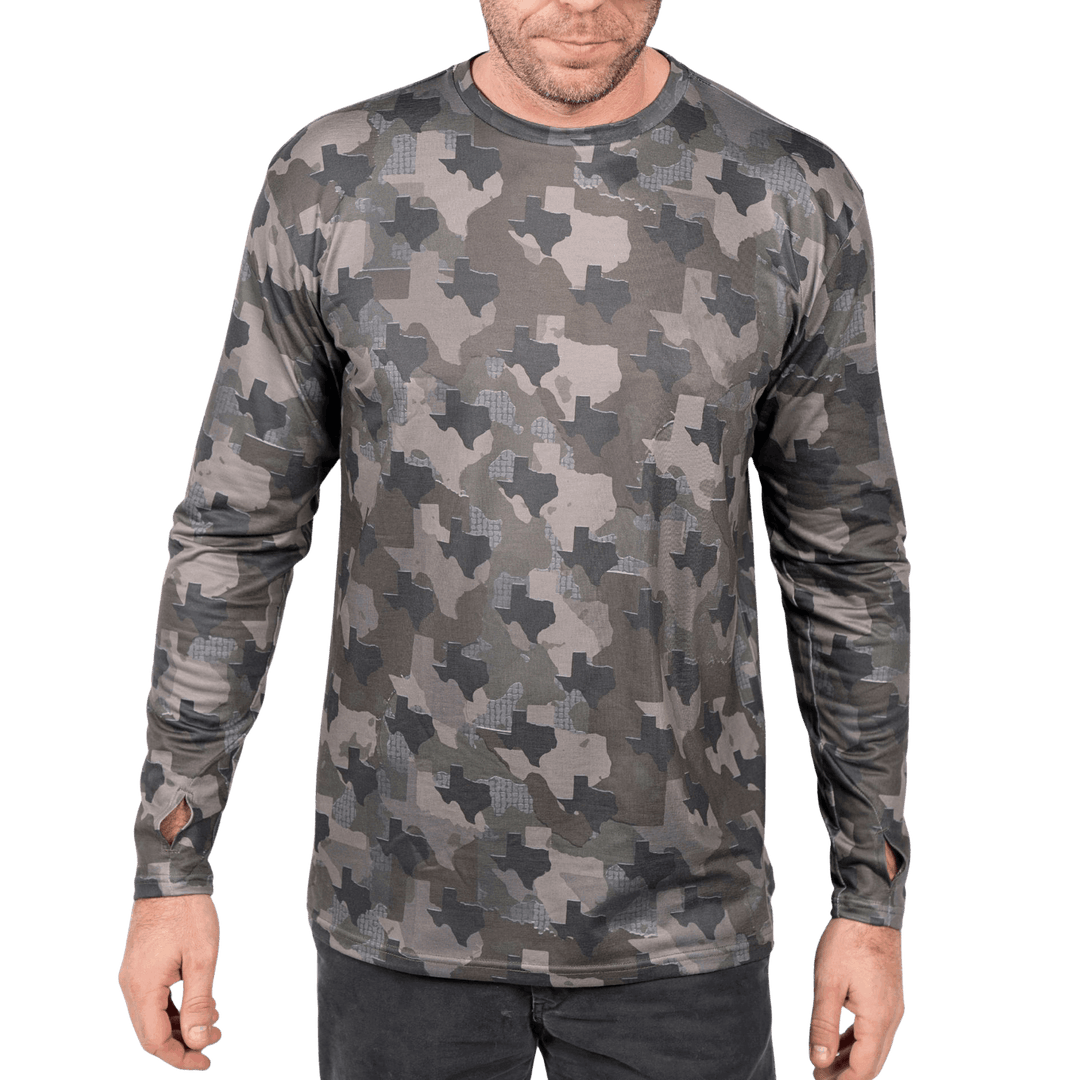 Texas State Camo long sleeve shirt featuring a unique camo pattern made for Texas,  designed for hunters and outdoor enthusiasts