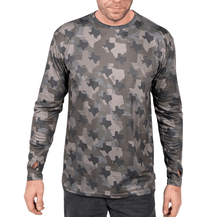 Texas State Camo long sleeve shirt featuring a unique camo pattern made for Texas,  designed for hunters and outdoor enthusiasts