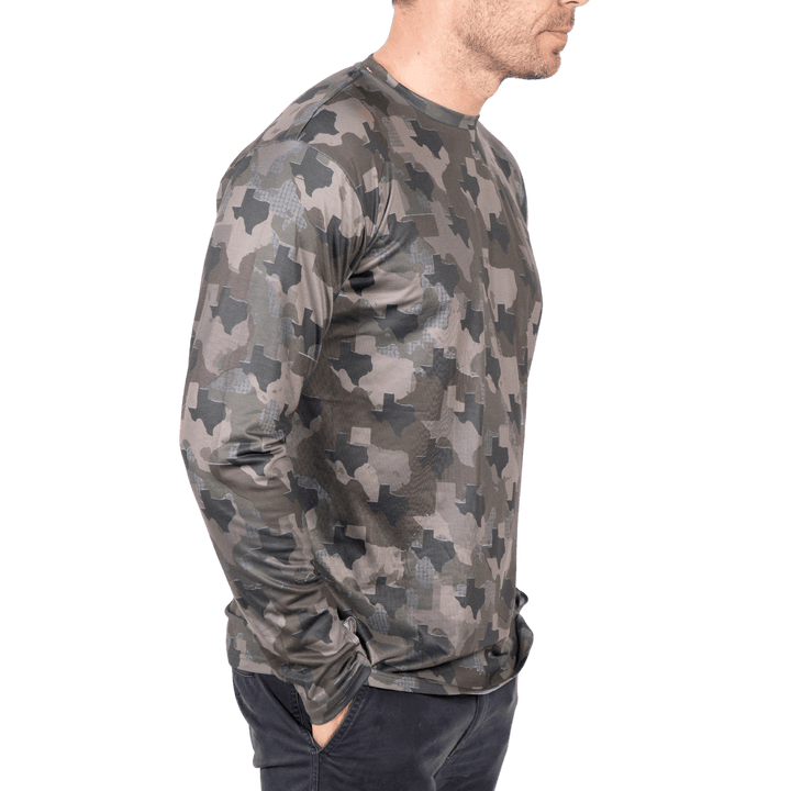 Texas State Camo long sleeve shirt featuring a unique camo pattern made for Texas,  designed for hunters and outdoor enthusiasts