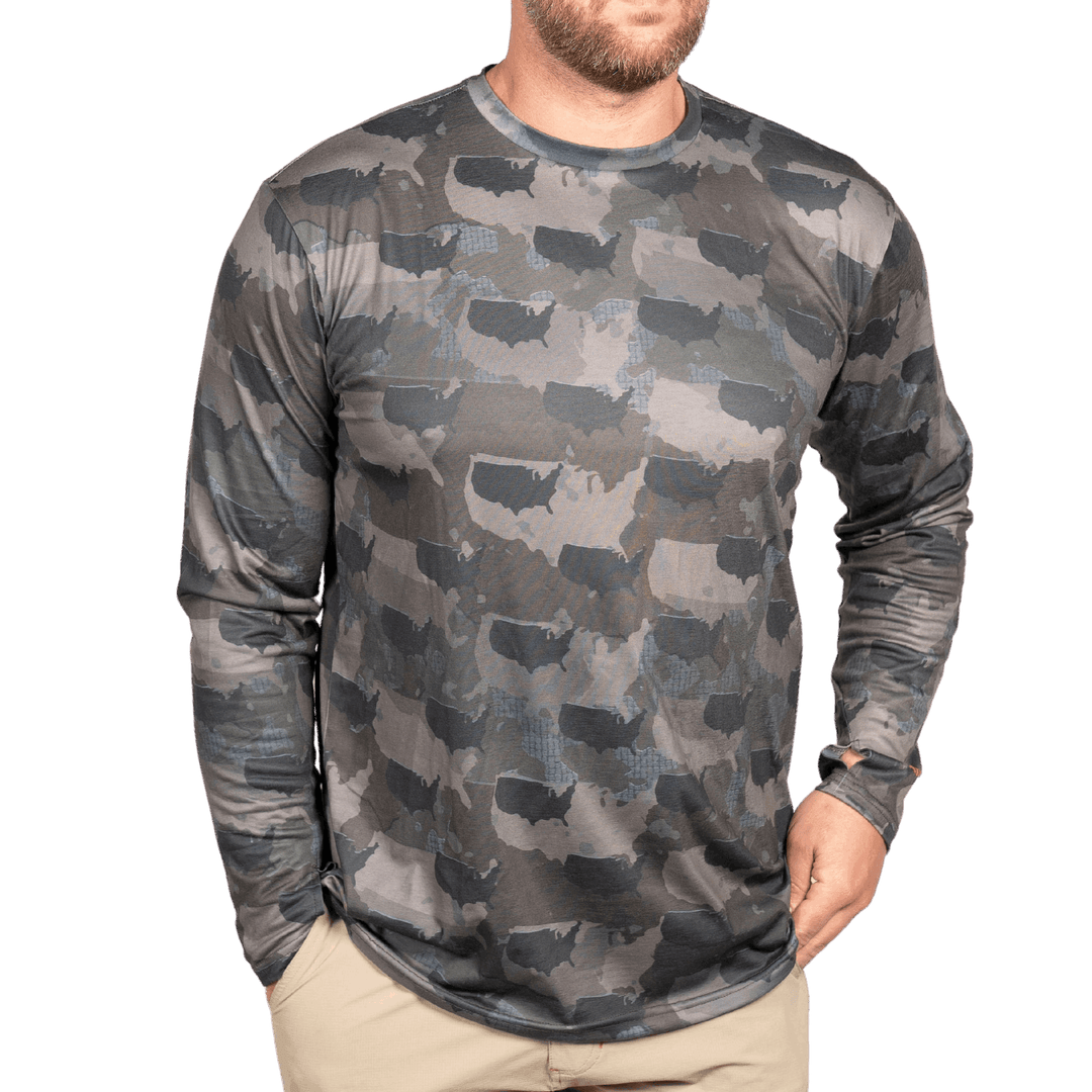 USA State Camo long sleeve shirt featuring a unique camo pattern made for USA, designed for hunters and outdoor enthusiasts