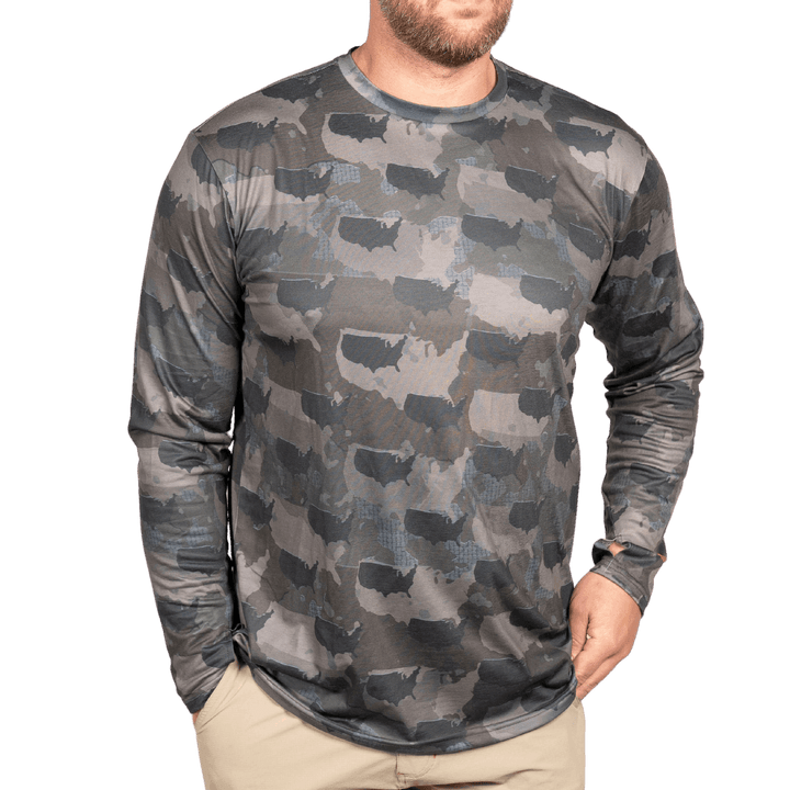 USA State Camo long sleeve shirt featuring a unique camo pattern made for USA, designed for hunters and outdoor enthusiasts