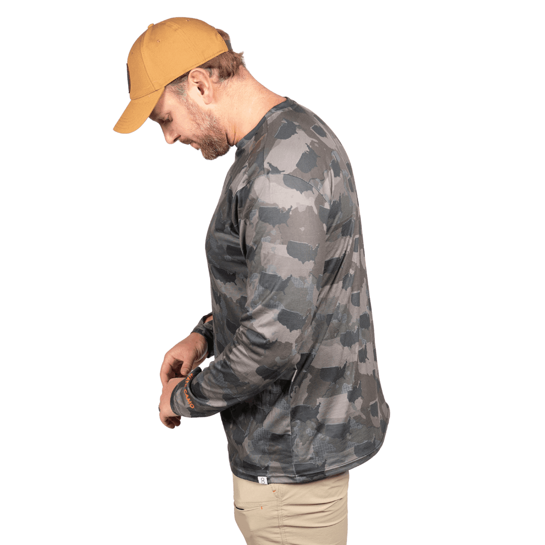 USA State Camo long sleeve shirt featuring a unique camo pattern made for USA, designed for hunters and outdoor enthusiasts