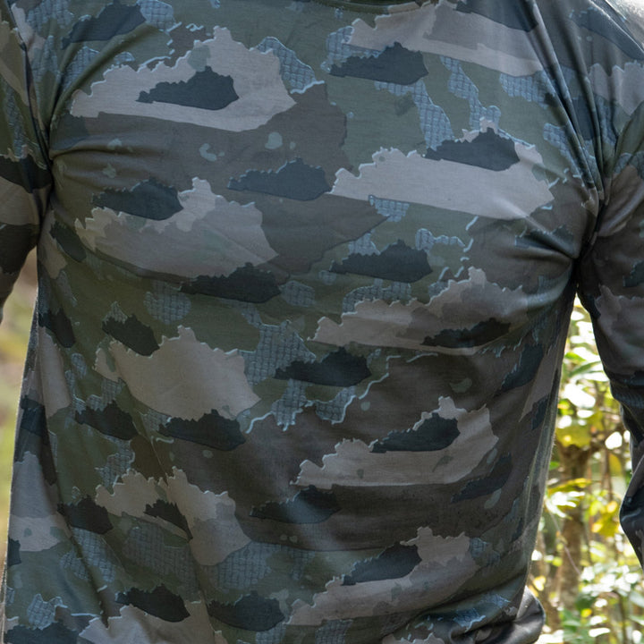 Kentucky State Camo long sleeve shirt featuring a unique camo pattern made for Kentucky, designed for hunters and outdoor enthusiasts
