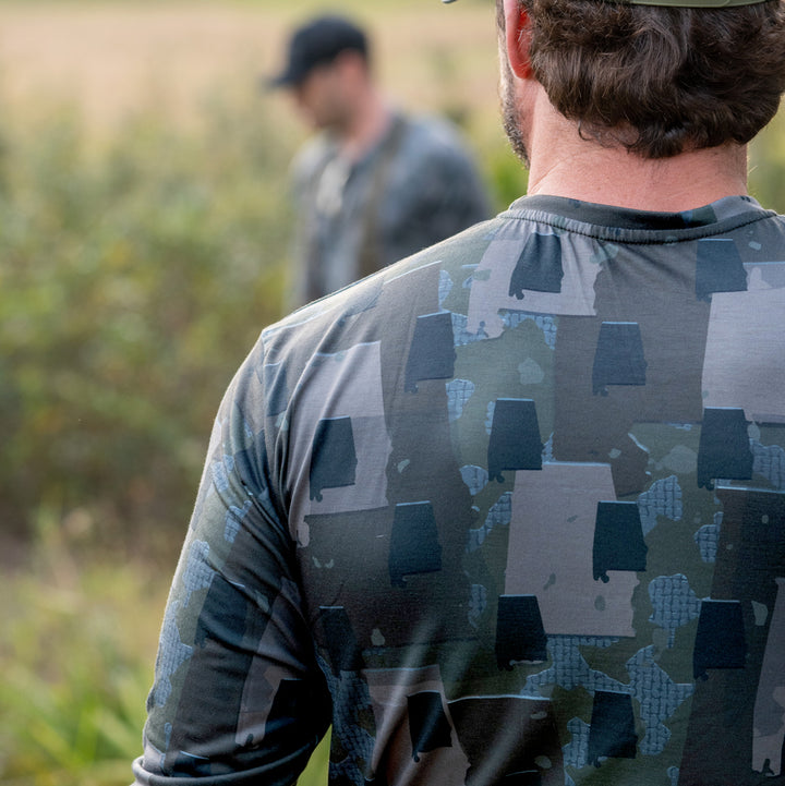 Alabama State Camo long sleeve shirt featuring a unique camo pattern made for Alabama, designed for hunters and outdoor enthusiasts
