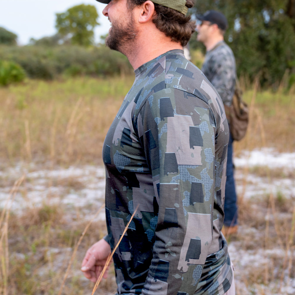 Alabama State Camo long sleeve shirt featuring a unique camo pattern made for Alabama, designed for hunters and outdoor enthusiasts
