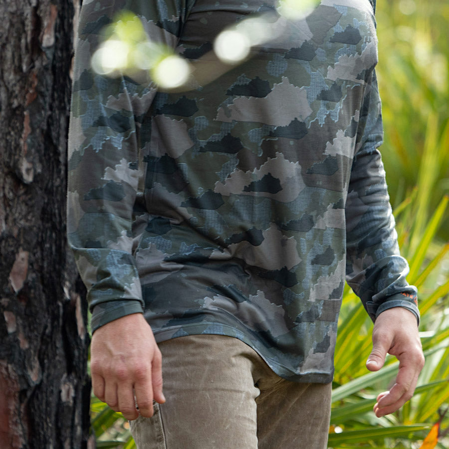 Kentucky State Camo long sleeve shirt featuring a unique camo pattern made for Kentucky, designed for hunters and outdoor enthusiasts