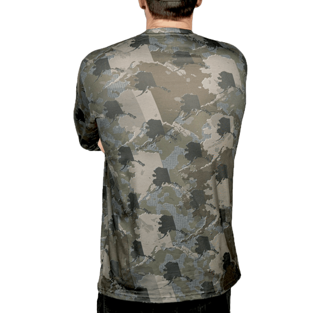 Alaska State Camo long sleeve shirt featuring a unique camo pattern made for Alaska, designed for hunters and outdoor enthusiasts
