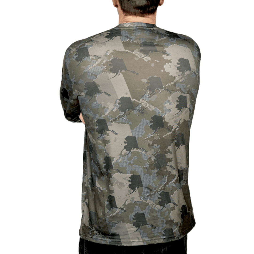 Alaska State Camo long sleeve shirt featuring a unique camo pattern made for Alaska, designed for hunters and outdoor enthusiasts
