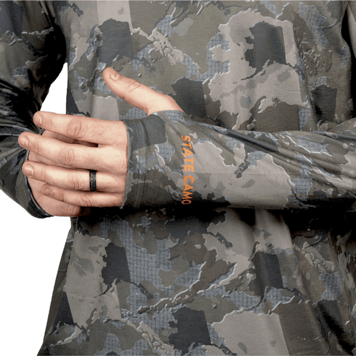 Alaska State Camo long sleeve shirt featuring a unique camo pattern made for Alaska, designed for hunters and outdoor enthusiasts
