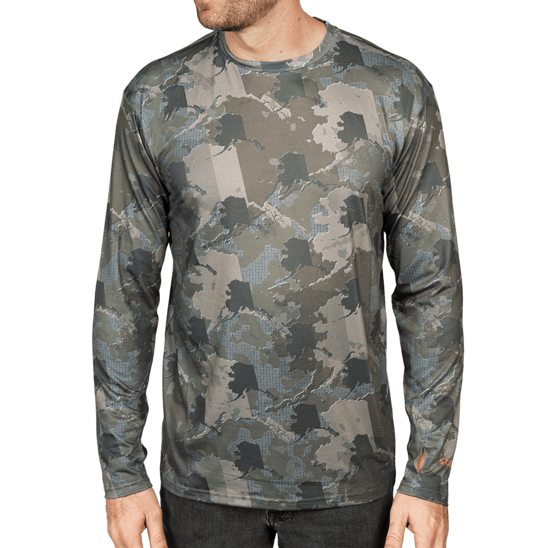 Alaska State Camo long sleeve shirt featuring a unique camo pattern made for Alaska, designed for hunters and outdoor enthusiasts
