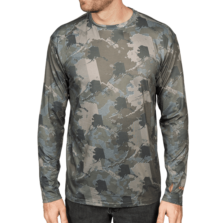 Alaska State Camo long sleeve shirt featuring a unique camo pattern made for Alaska, designed for hunters and outdoor enthusiasts
