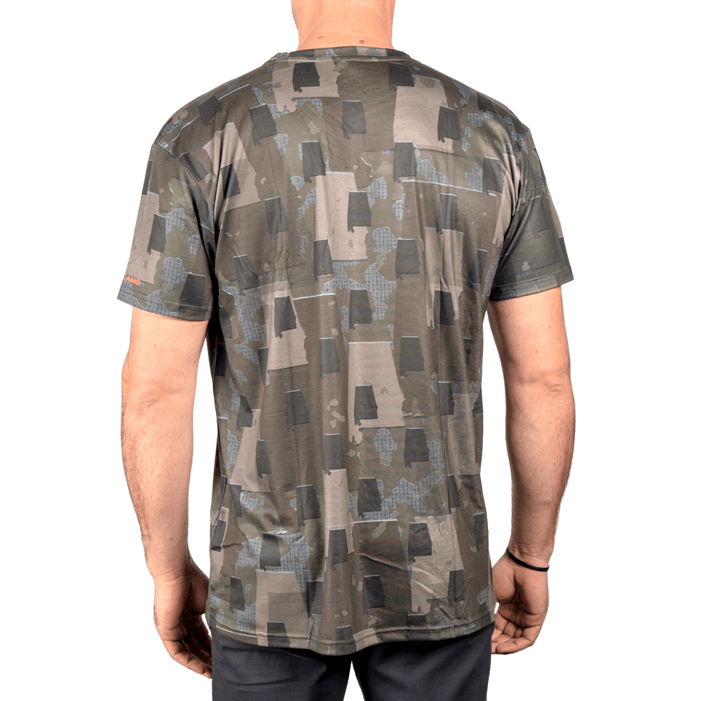 Men’s Alabama Camo short sleeve shirt featuring a unique camouflage pattern made from the outline of the state of Alabama  Lightweight, breathable, and perfect for hunting, hiking, or everyday wear.