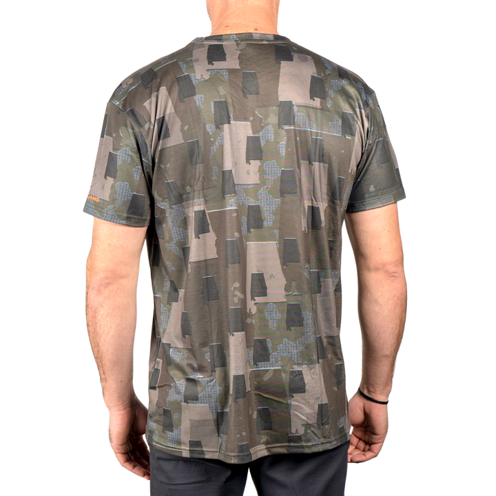 Men’s Alabama Camo short sleeve shirt featuring a unique camouflage pattern made from the outline of the state of Alabama  Lightweight, breathable, and perfect for hunting, hiking, or everyday wear.