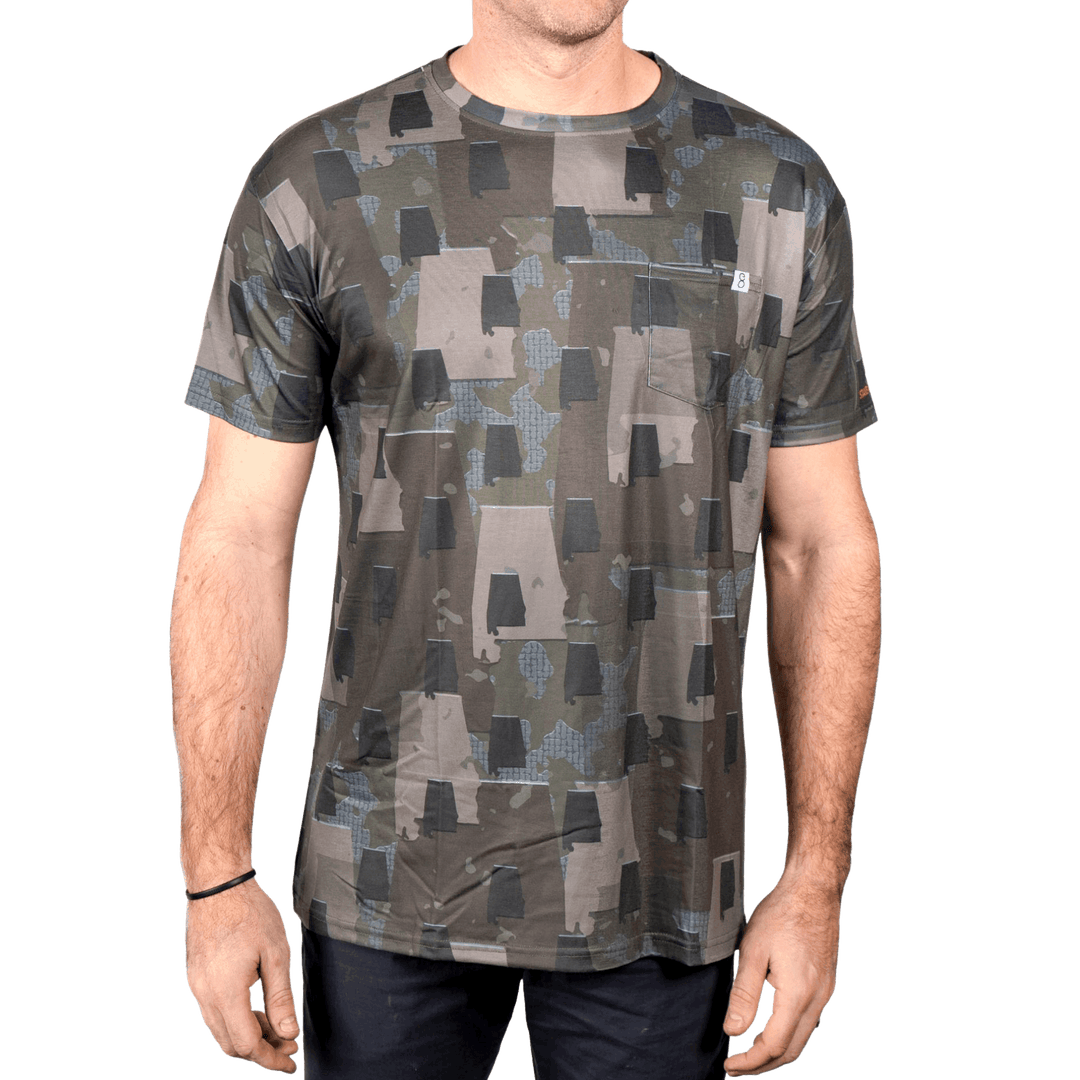 Men’s Alabama Camo short sleeve shirt featuring a unique camouflage pattern made from the outline of the state of Alabama  Lightweight, breathable, and perfect for hunting, hiking, or everyday wear.