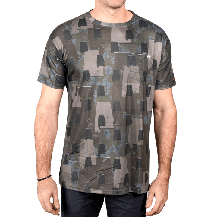 Men’s Alabama Camo short sleeve shirt featuring a unique camouflage pattern made from the outline of the state of Alabama  Lightweight, breathable, and perfect for hunting, hiking, or everyday wear.