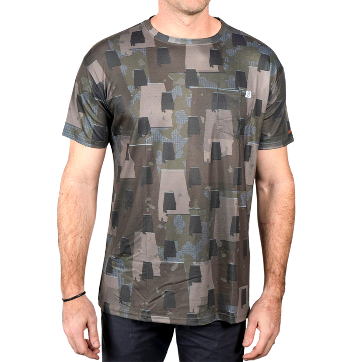 Men’s Alabama Camo short sleeve shirt featuring a unique camouflage pattern made from the outline of the state of Alabama  Lightweight, breathable, and perfect for hunting, hiking, or everyday wear.