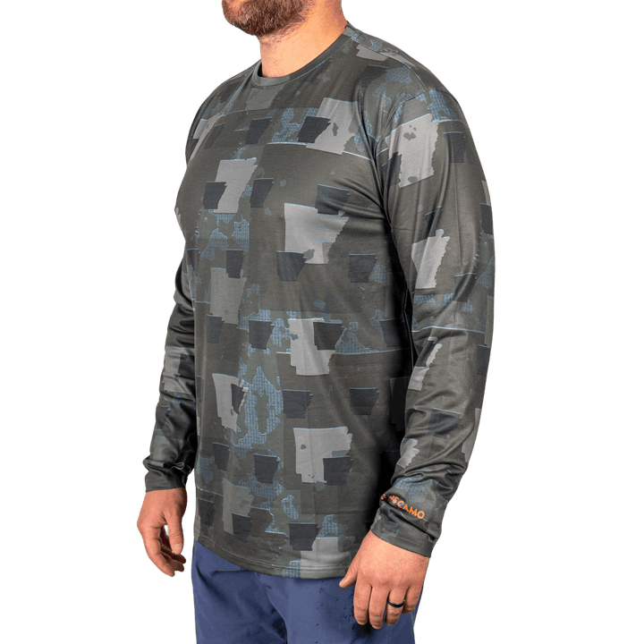 Arkansas State Camo long sleeve shirt featuring a unique camo pattern made for Arkansas, designed for hunters and outdoor enthusiasts 
