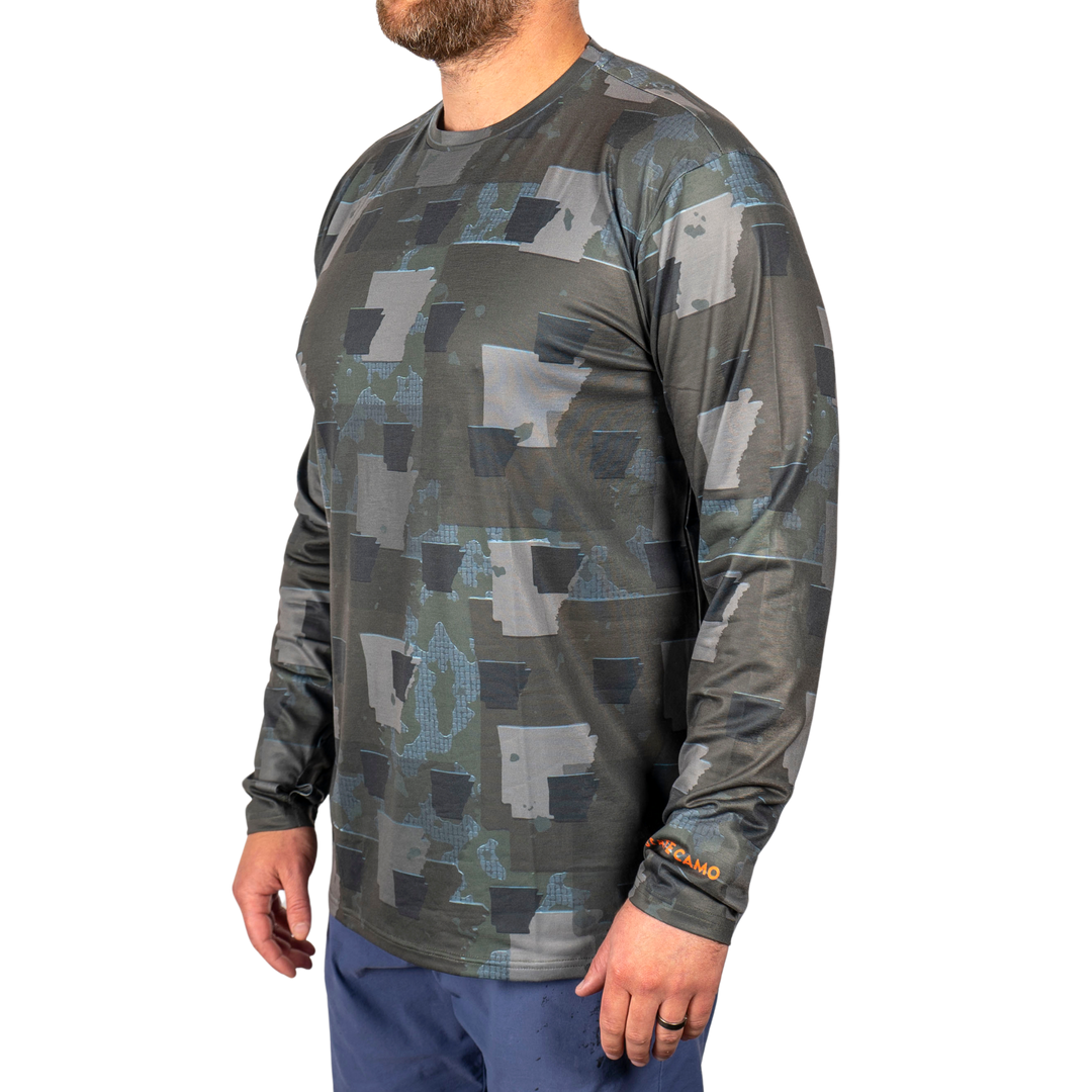 Arkansas State Camo long sleeve shirt featuring a unique camo pattern made for Arkansas, designed for hunters and outdoor enthusiasts 
