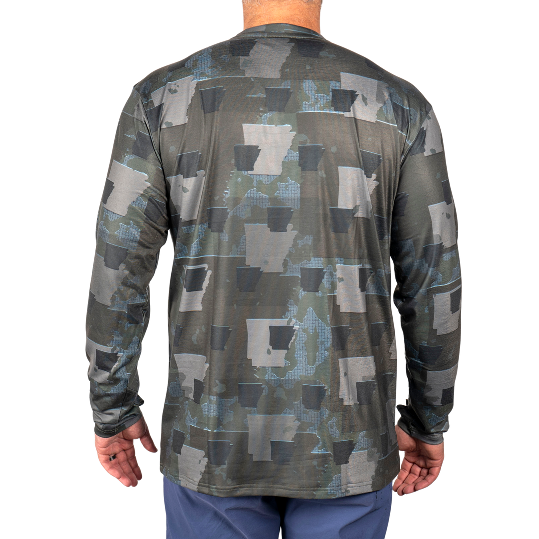 Arkansas State Camo long sleeve shirt featuring a unique camo pattern made for Arkansas, designed for hunters and outdoor enthusiasts 
