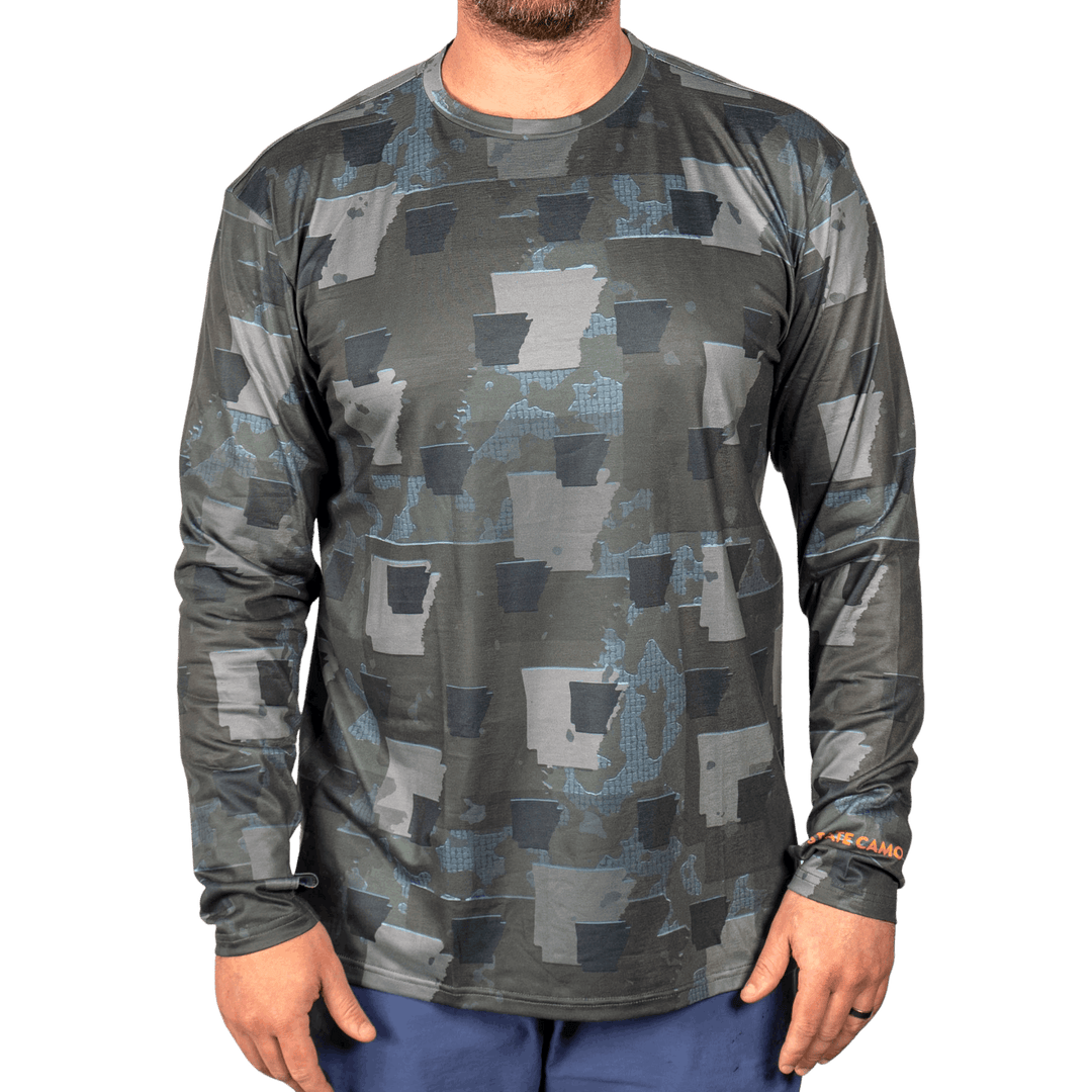 Arkansas State Camo long sleeve shirt featuring a unique camo pattern made for Arkansas, designed for hunters and outdoor enthusiasts 
