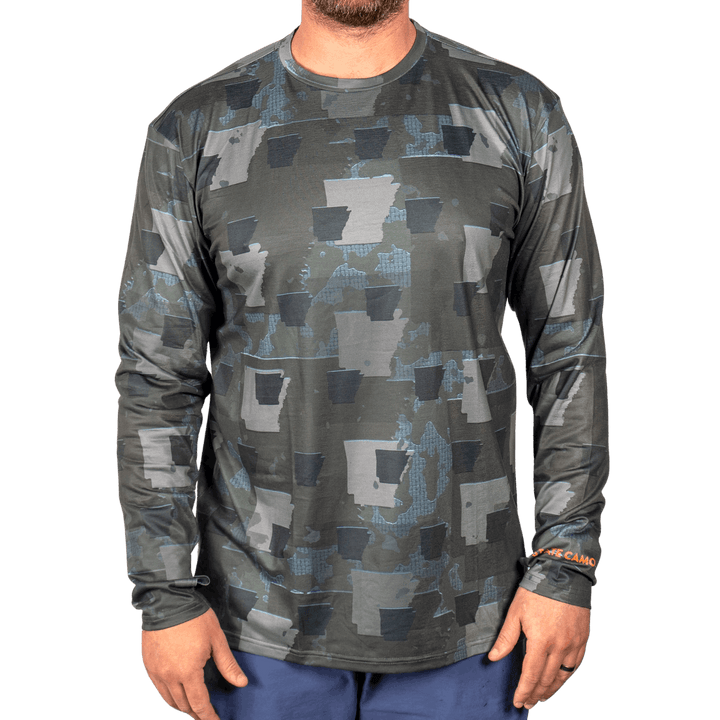 Arkansas State Camo long sleeve shirt featuring a unique camo pattern made for Arkansas, designed for hunters and outdoor enthusiasts 
