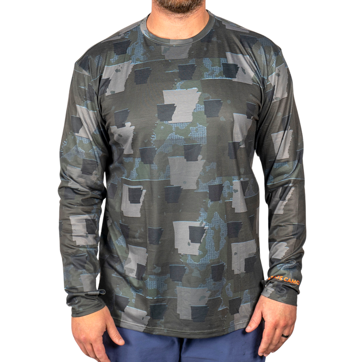 Arkansas State Camo long sleeve shirt featuring a unique camo pattern made for Arkansas, designed for hunters and outdoor enthusiasts 
