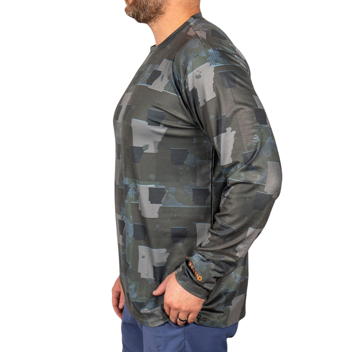 Arkansas State Camo long sleeve shirt featuring a unique camo pattern made for Arkansas, designed for hunters and outdoor enthusiasts 
