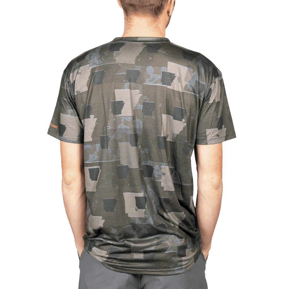 Men’s Arkansas Camo short sleeve shirt featuring a unique camouflage pattern made from the outline of the state of  Arkansas Lightweight, breathable, and perfect for hunting, hiking, or everyday wear.