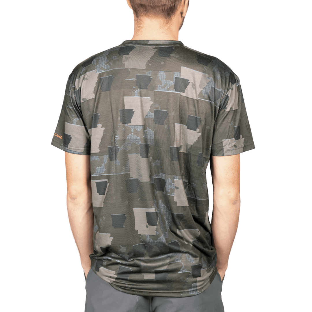 Men’s Arkansas Camo short sleeve shirt featuring a unique camouflage pattern made from the outline of the state of  Arkansas Lightweight, breathable, and perfect for hunting, hiking, or everyday wear.