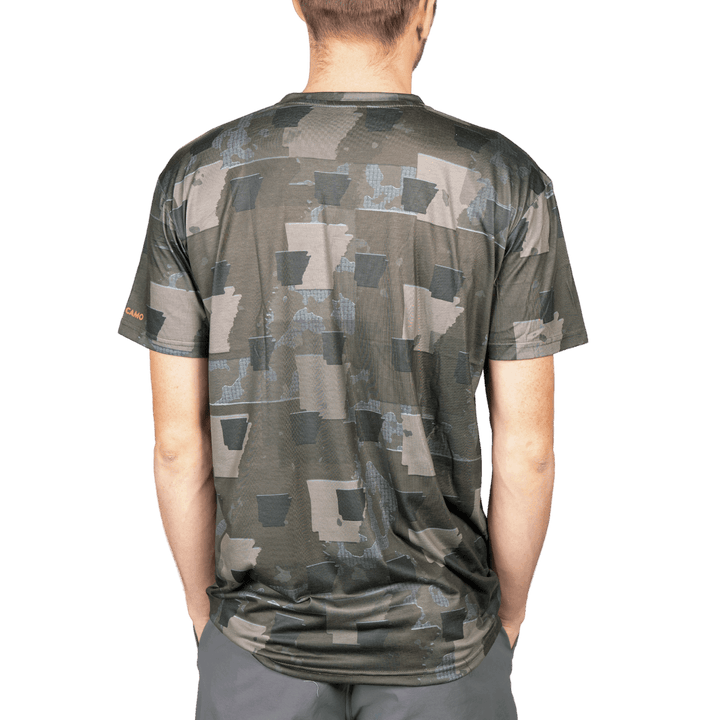 Men’s Arkansas Camo short sleeve shirt featuring a unique camouflage pattern made from the outline of the state of  Arkansas Lightweight, breathable, and perfect for hunting, hiking, or everyday wear.
