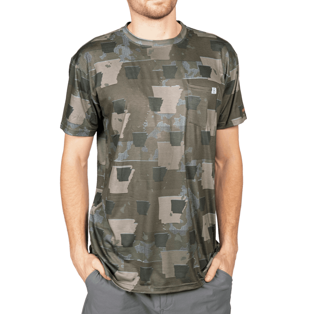 Men’s Arkansas Camo short sleeve shirt featuring a unique camouflage pattern made from the outline of the state of  Arkansas Lightweight, breathable, and perfect for hunting, hiking, or everyday wear.