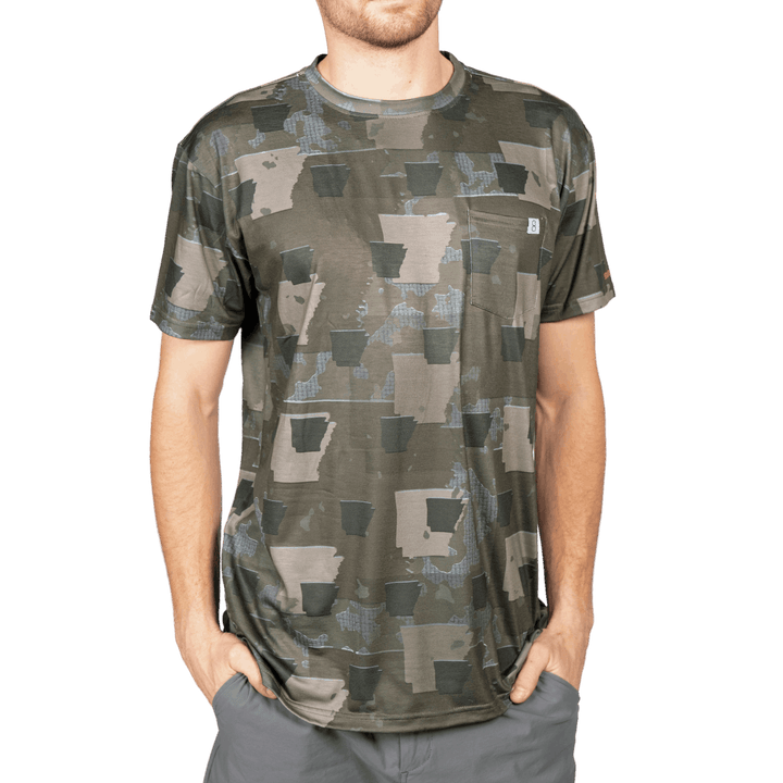 Men’s Arkansas Camo short sleeve shirt featuring a unique camouflage pattern made from the outline of the state of  Arkansas Lightweight, breathable, and perfect for hunting, hiking, or everyday wear.