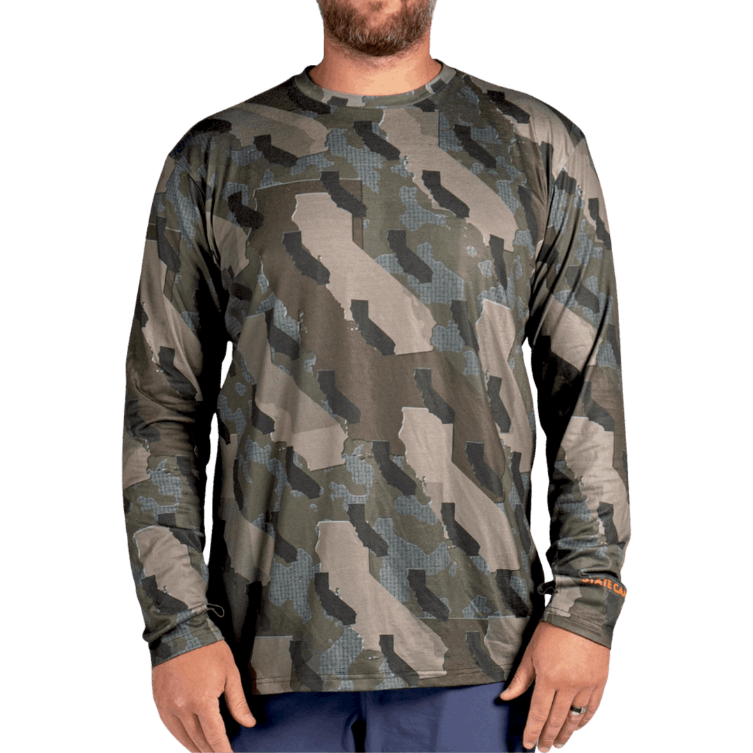 California State Camo long sleeve shirt featuring a unique camo pattern made for California , designed for hunters and outdoor enthusiasts