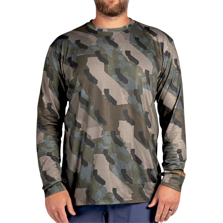 California State Camo long sleeve shirt featuring a unique camo pattern made for California , designed for hunters and outdoor enthusiasts