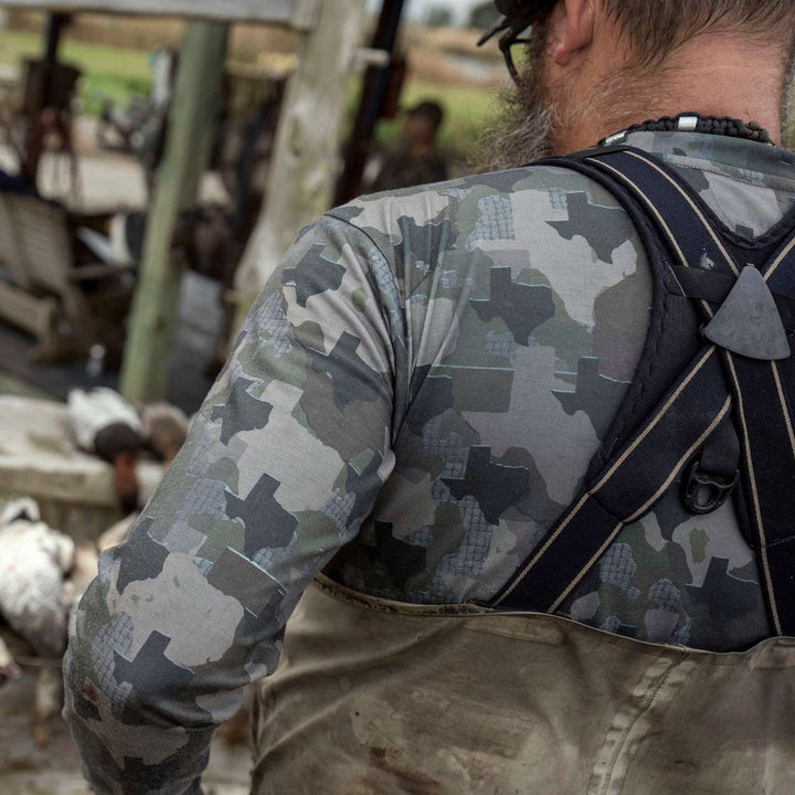 Texas State Camo long sleeve shirt featuring a unique camo pattern made for Texas,  designed for hunters and outdoor enthusiasts 
