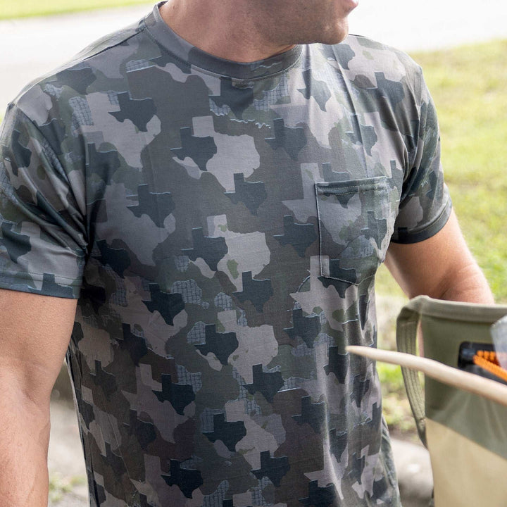 Texas state-specific camouflage pattern short sleeve shirt featuring authentic Texas landscape design for outdoor enthusiasts