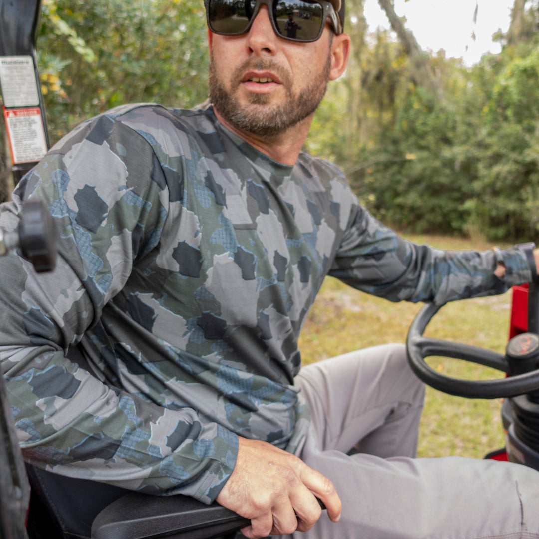 Wisconsin State Camo long sleeve shirt featuring a unique camo pattern made for Wisconsin, designed for hunters and outdoor enthusiasts.