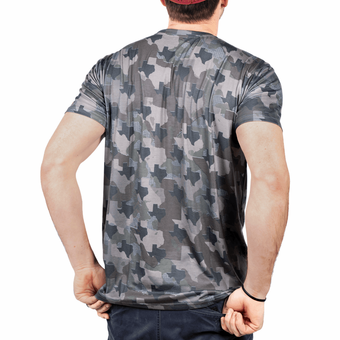 Texas state-specific camouflage pattern short sleeve shirt featuring authentic Texas landscape design for outdoor enthusiasts