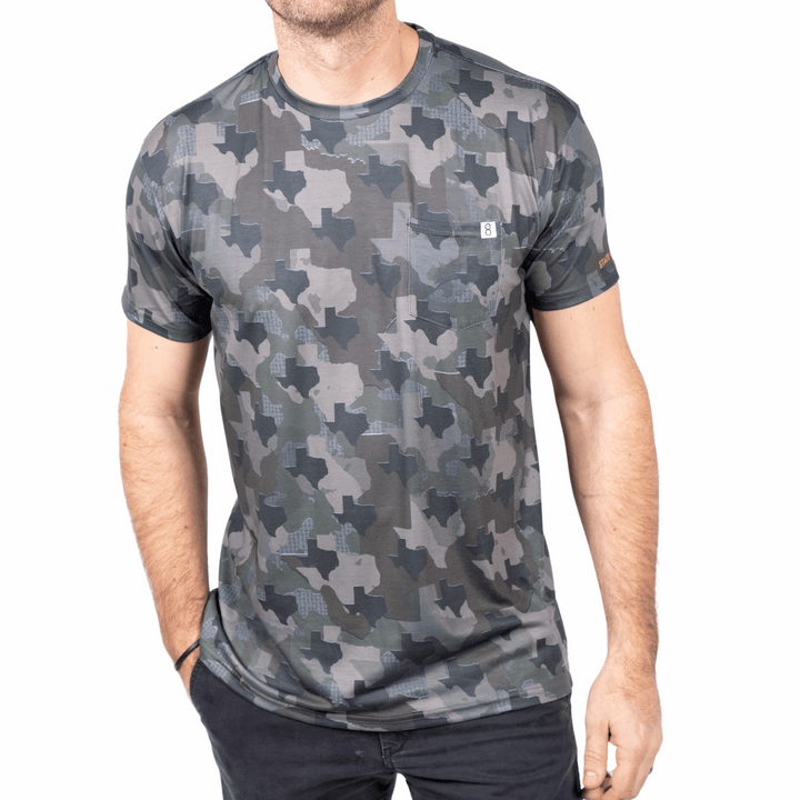 Men’s Texas Camo short sleeve shirt featuring a unique camouflage pattern made from the outline of the state of Texas Lightweight, breathable, and perfect for hunting, hiking, or everyday wear.